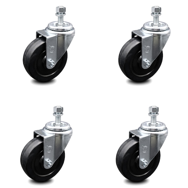 4 Inch Soft Rubber Wheel Swivel 10mm Threaded Stem Caster Set